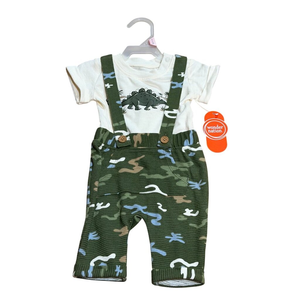 NWT Wonder Nation Baby Boys 0-3M‎ 2-Piece Outfit Set Dinosaur Shirt & Suspenders